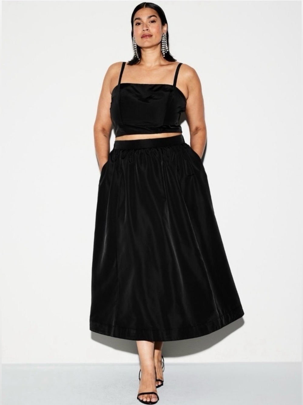 Old Navy The Occasion Black Taffeta Midi Skirt - High Waist - Pockets